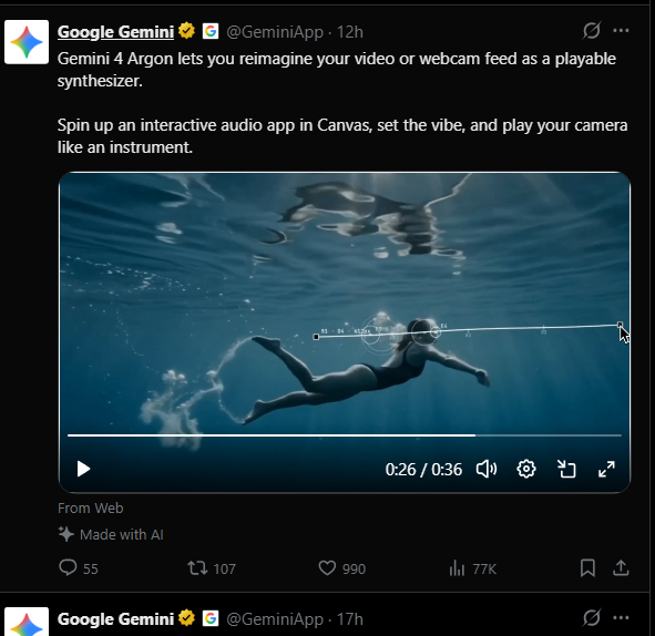 Google Gemini announcement showing Gemini 4 Argon reimagining a video or webcam feed in Canvas